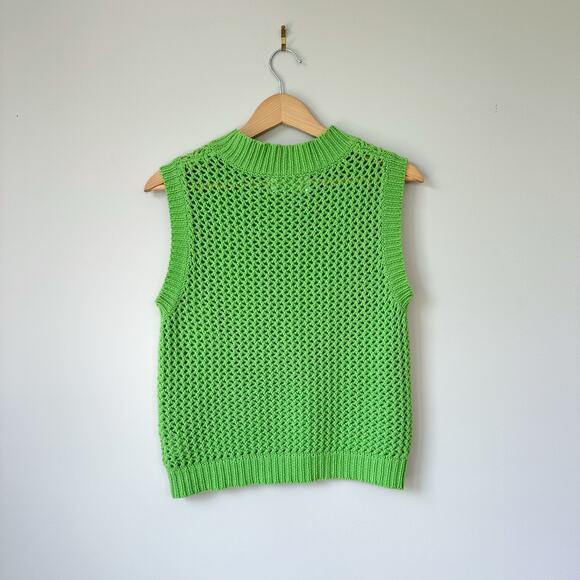 Self Contrast Dade Crop Open Knit Crew Neck Sleeveless Pullover Sweater Green XS - Picture 2 of 6